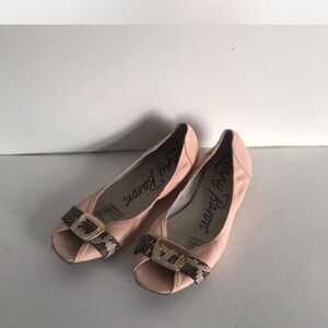 Vintage Pink leather ballet Peep-Toe Flats with gold rhinestone buckle